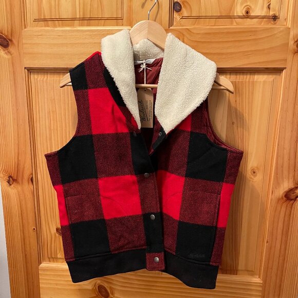 Woolrich W’s Giant Buffalo Plaid Wool Vest I Sherpa Collar I Size L I NWT - Picture 1 of 14